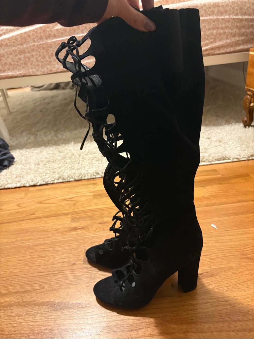Kendall & Kylie Black Lace-Up Knee-High Block Heel Boots